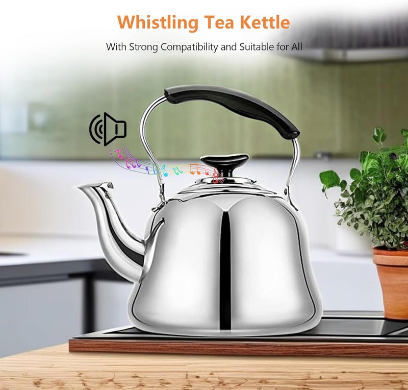 Weftnom 2L Whistling Stovetop Tea Kettle - Food Grade Stainless Steel Teapot with Fast Boil, Wide Mouth, Folding Handle, Ideal for Stove Top – Perfect for Tea, Coffee & Hot Water, Mirror Finished - Image 2
